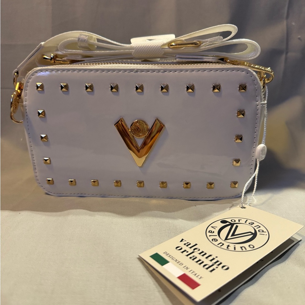 Valentino Orlandi White and Gold Crossbody Bag with Studded Details